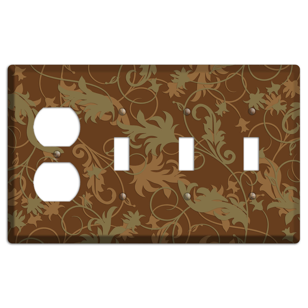 Brown and Olive Victorian Sprig Duplex / 3 Toggle Wallplate