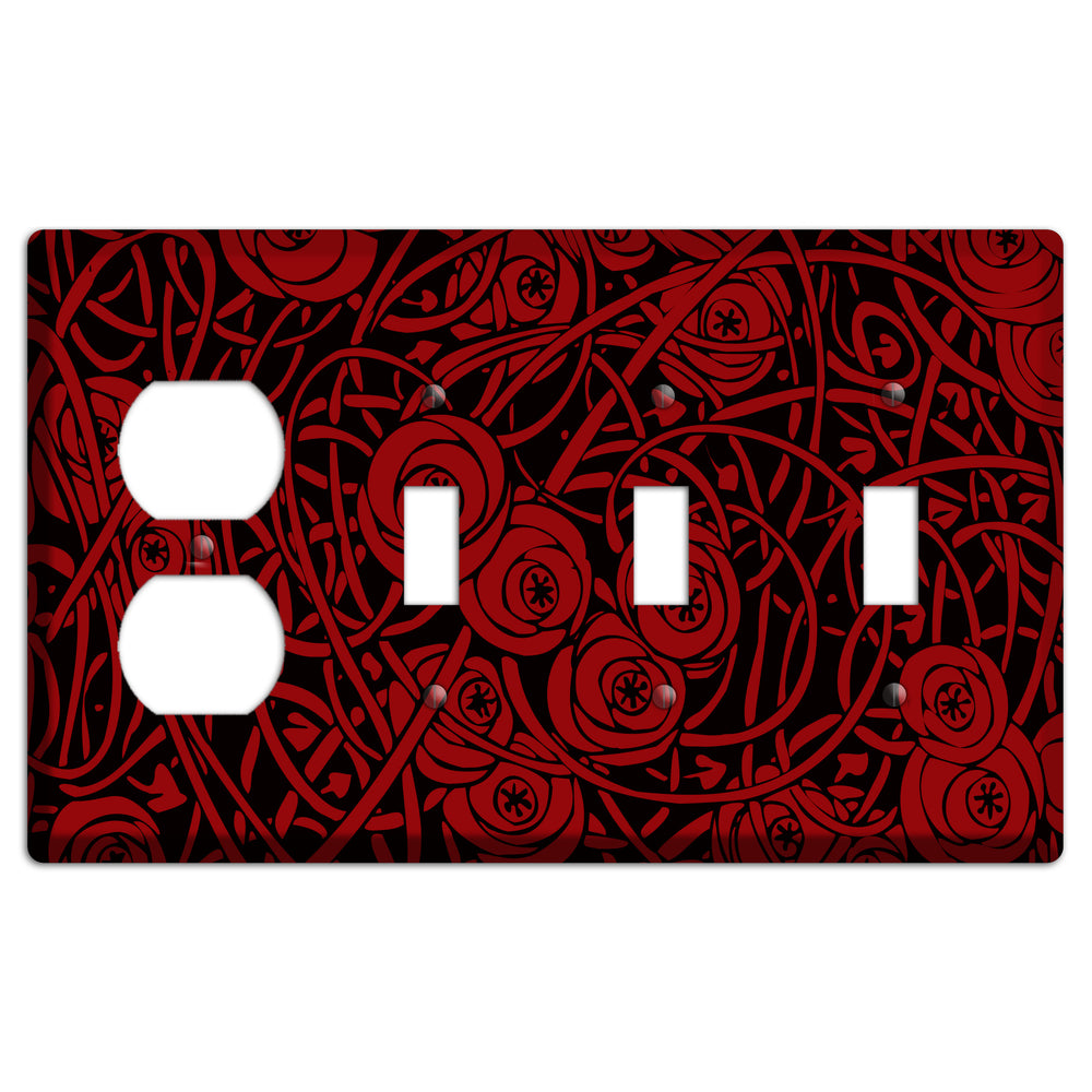 Red Deco Floral Duplex / 3 Toggle Wallplate