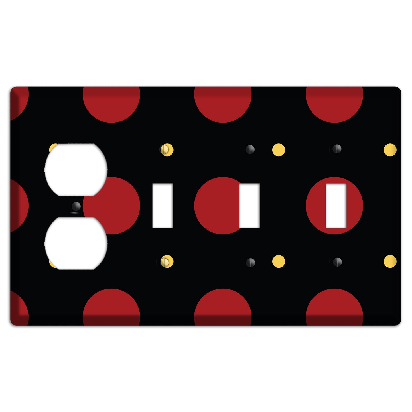 Black with Red and Yellow Multi Tiled Medium Dots Duplex / 3 Toggle Wallplate