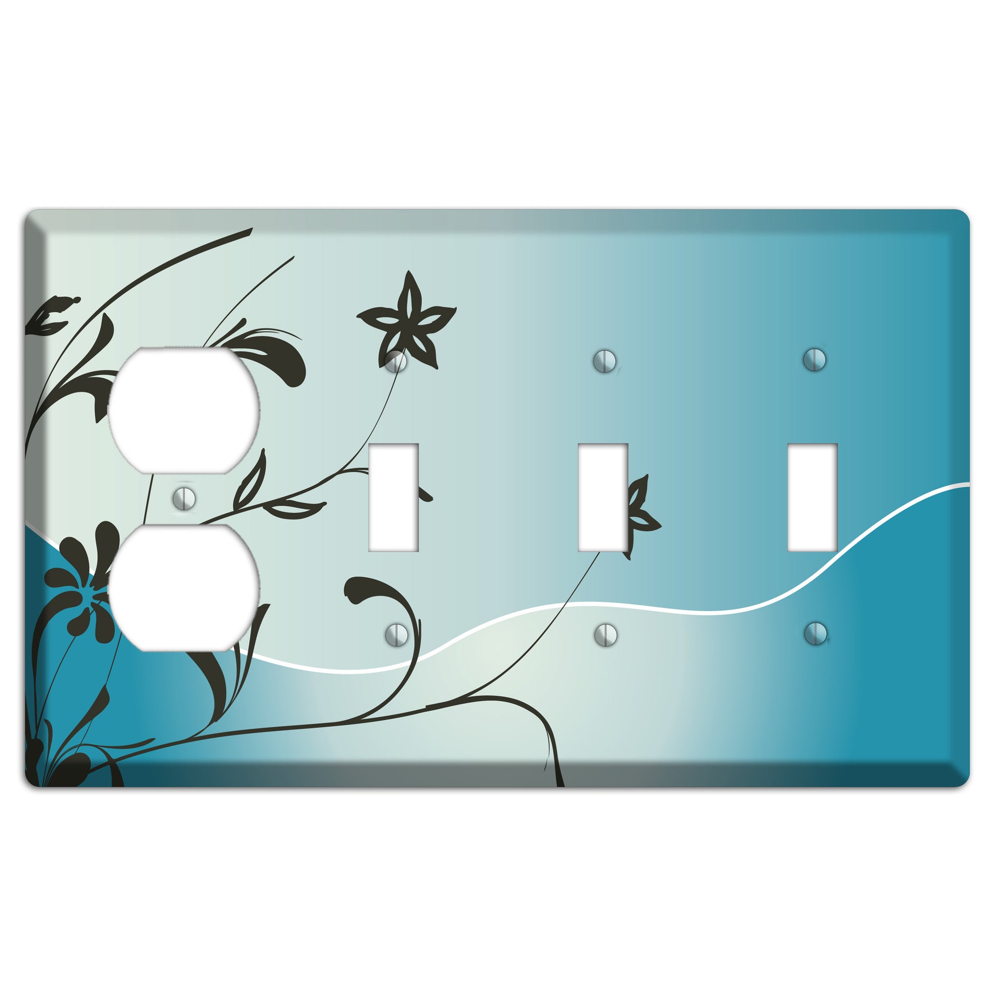 Blue-grey Floral Sprig Duplex / 3 Toggle Wallplate
