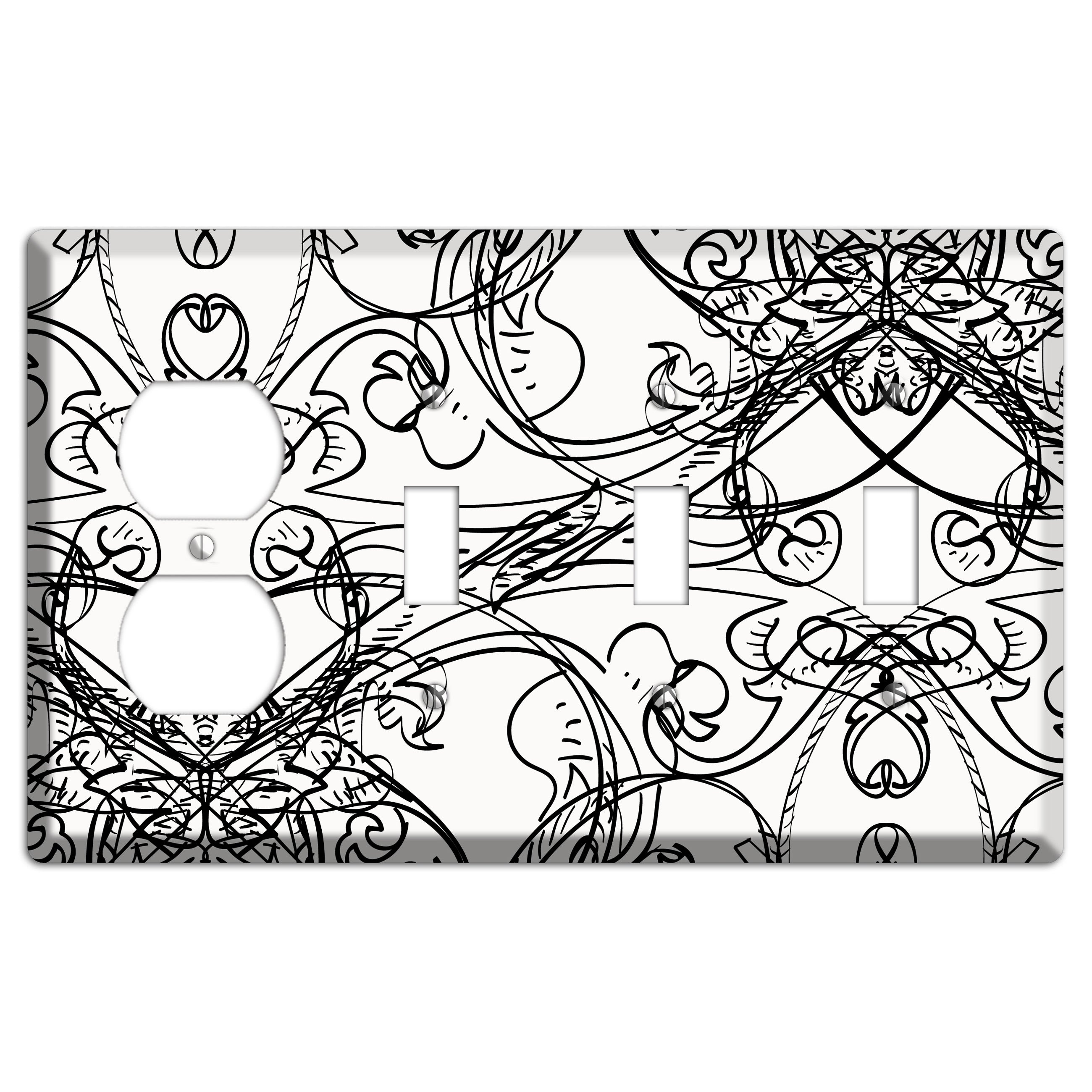 White Deco Sketch Duplex / 3 Toggle Wallplate