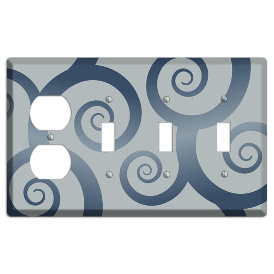 Grey with Blue Large Swirl Duplex / 3 Toggle Wallplate