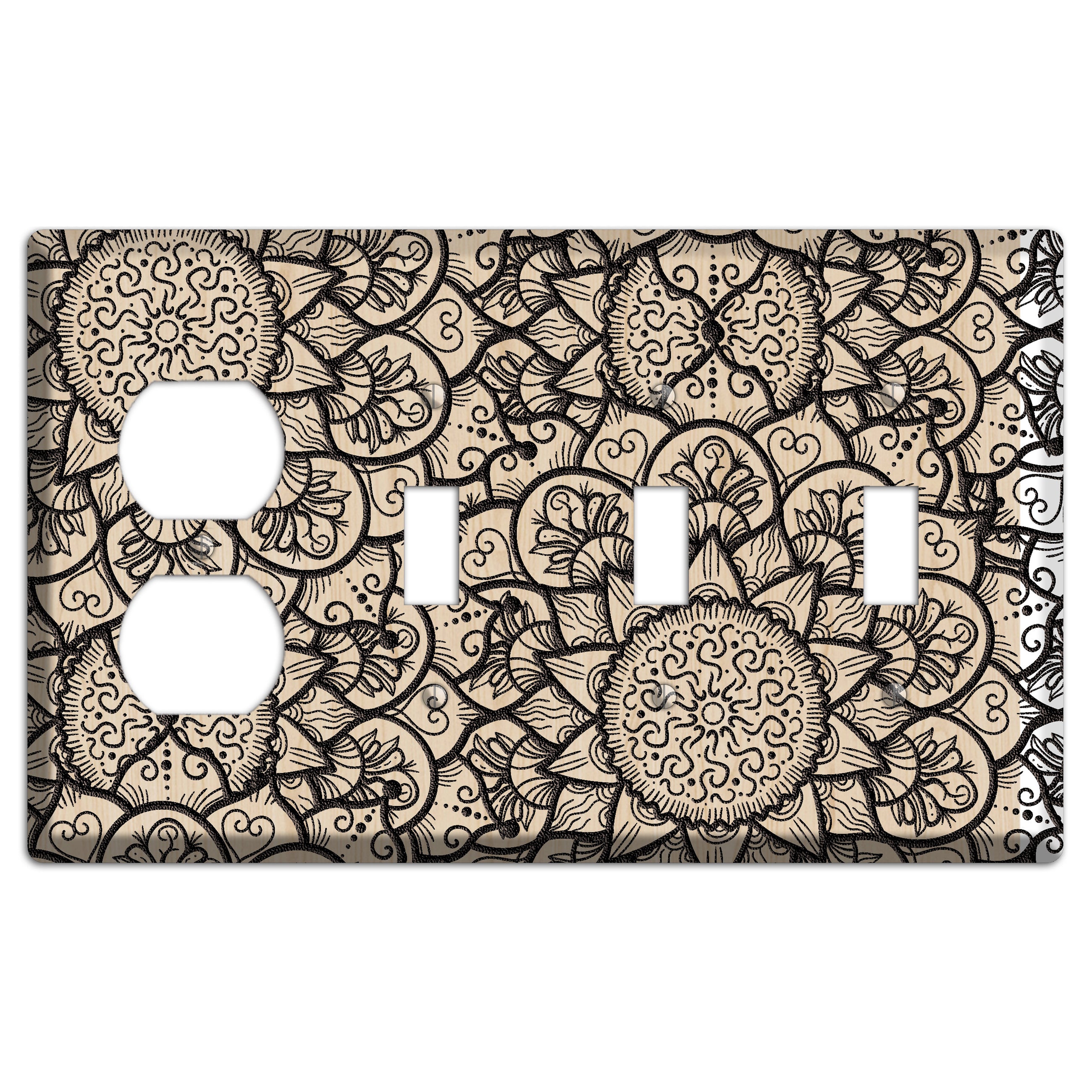 Mandala Black and White Style W Wood Lasered Duplex / 3 Toggle Wallplate