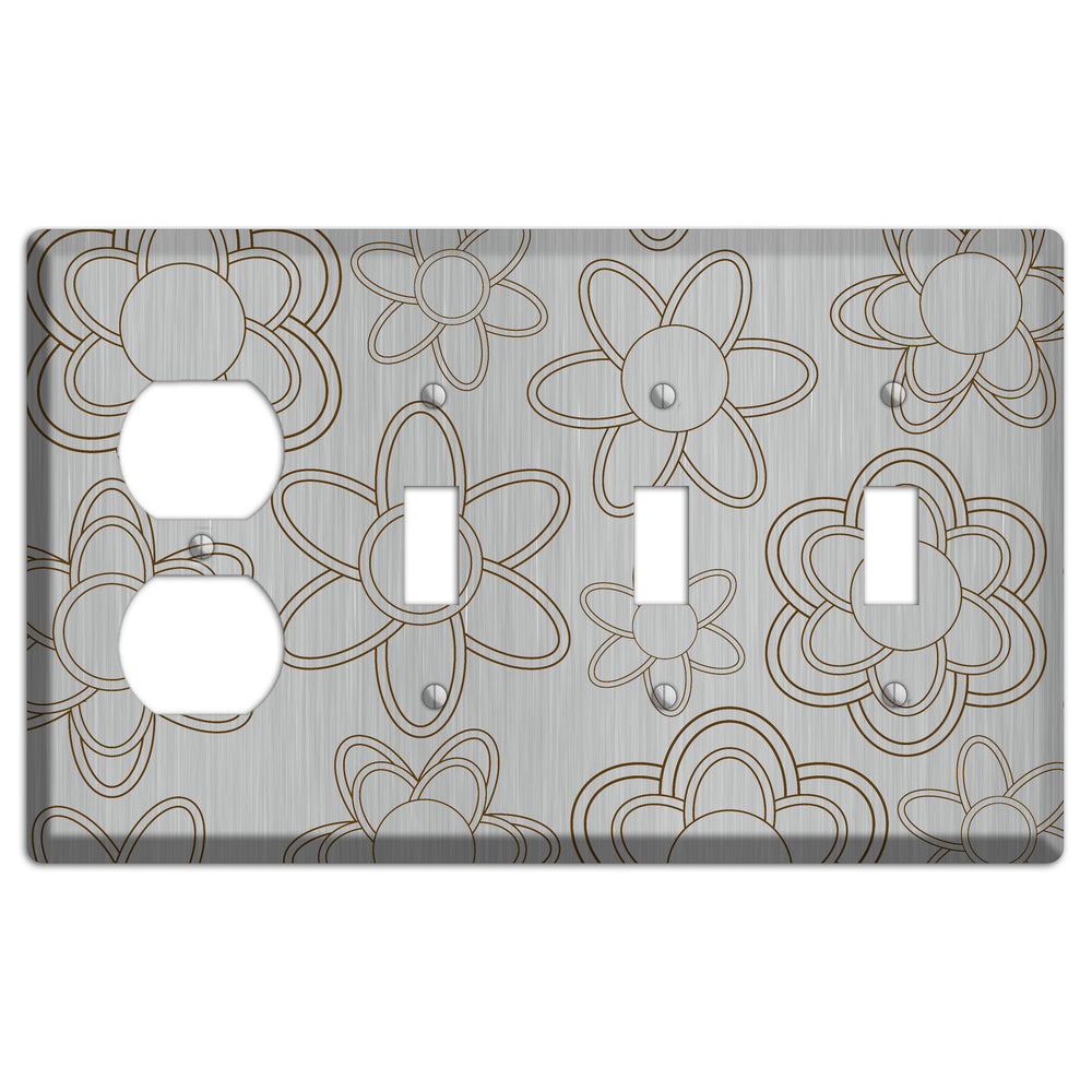 Retro Floral Contour Stainless Steel Duplex / 3 Toggle Wallplate