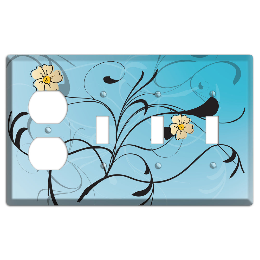 Blue Flower with Swirl Duplex / 3 Toggle Wallplate