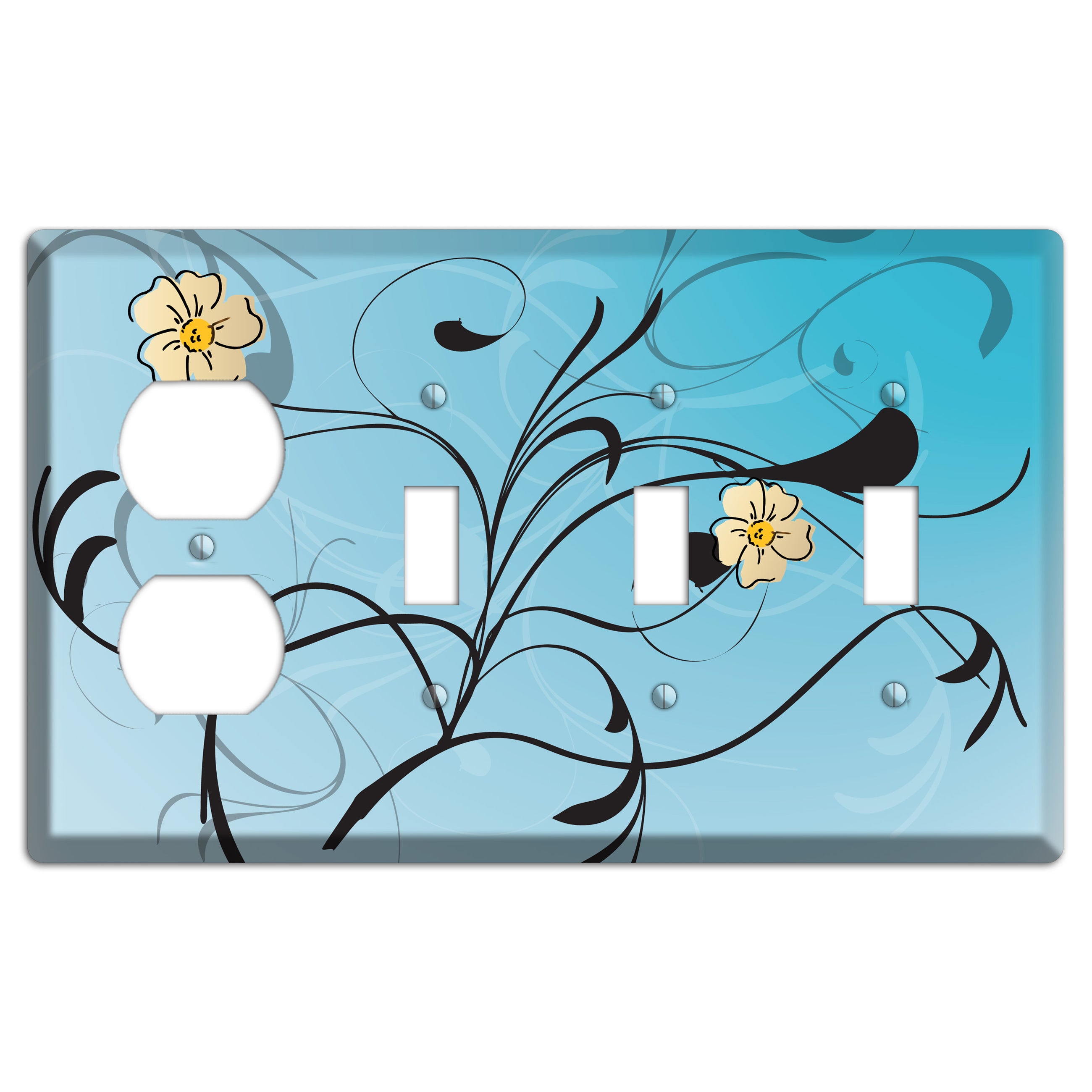 Blue Flower with Swirl Duplex / 3 Toggle Wallplate