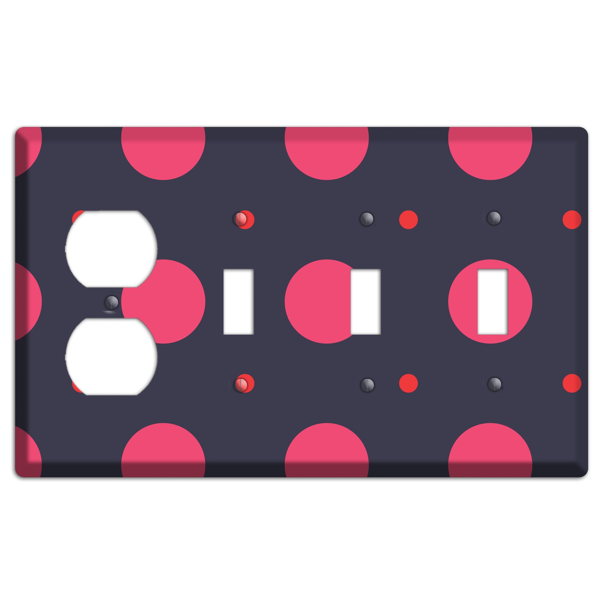 Dark Grey with Fuschia Multi Tiled Medium Dots Duplex / 3 Toggle Wallplate
