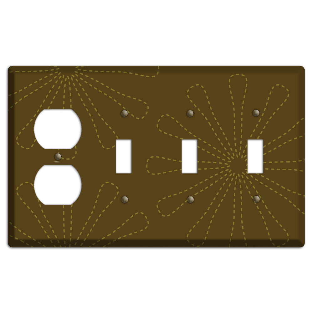 Brown Retro Stipple Floral Contour Duplex / 3 Toggle Wallplate
