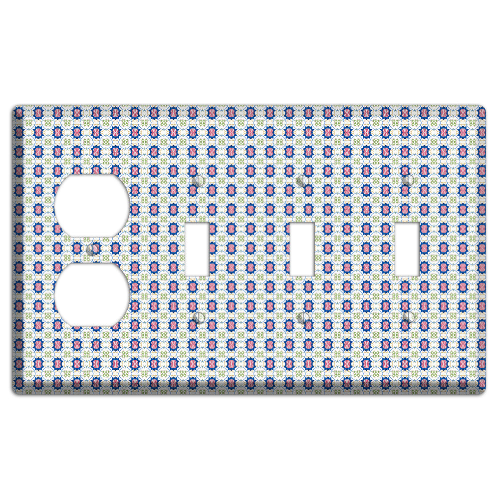 White with Blue Pink Green Arabesque Duplex / 3 Toggle Wallplate