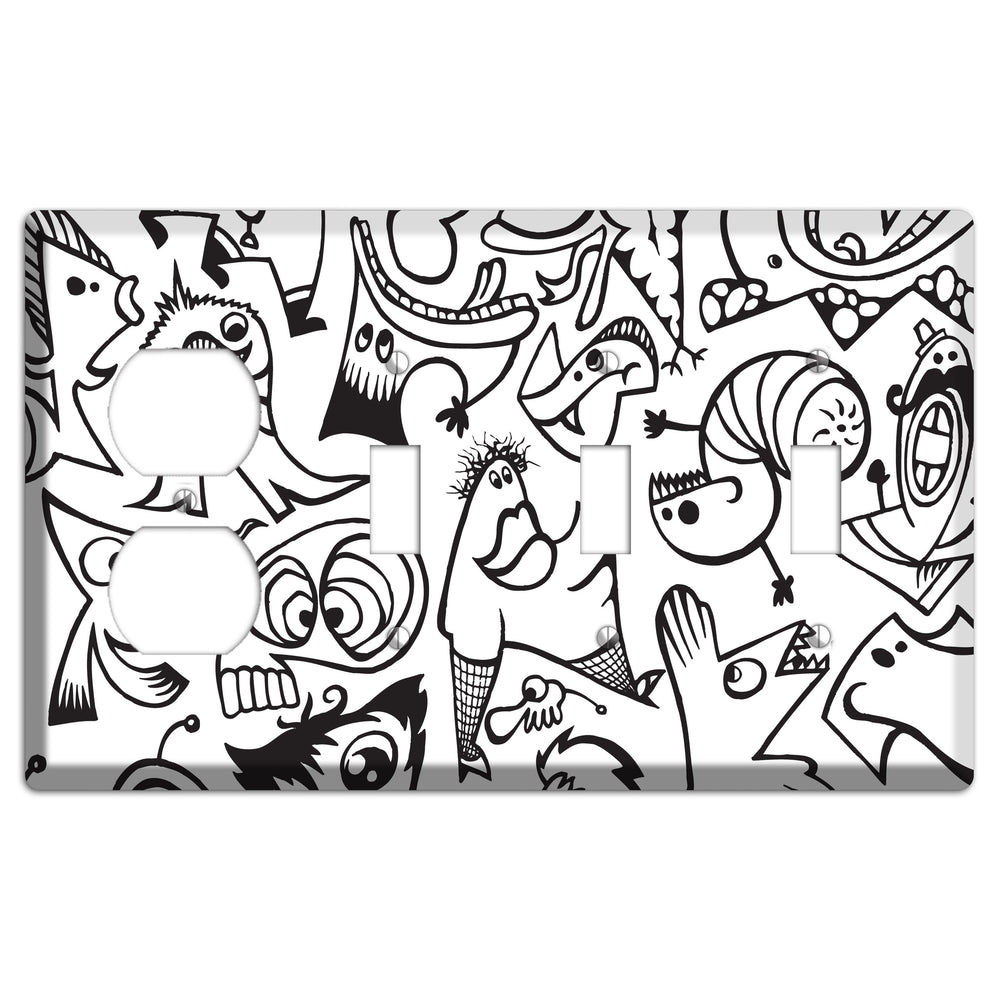 Black and White Whimsical Faces 2 Duplex / 3 Toggle Wallplate