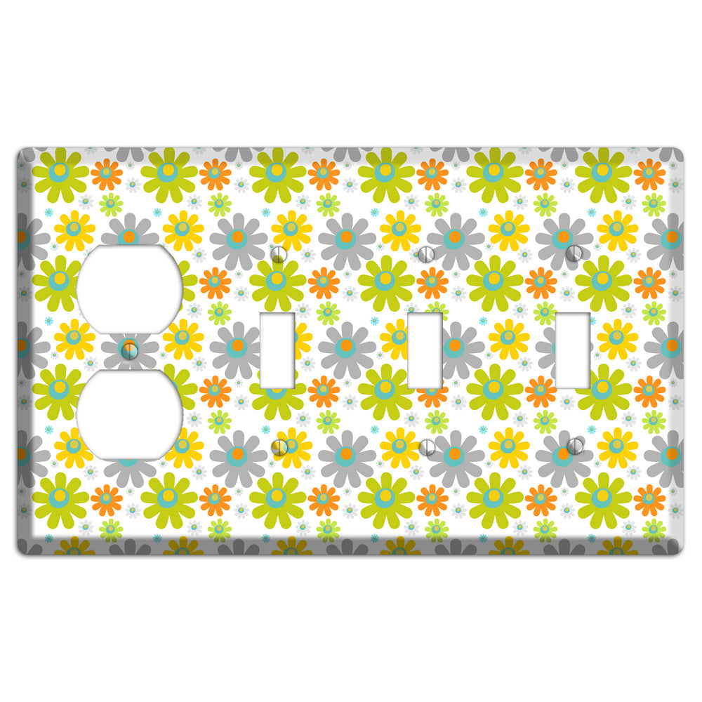 White and Yellow Flower Power Duplex / 3 Toggle Wallplate