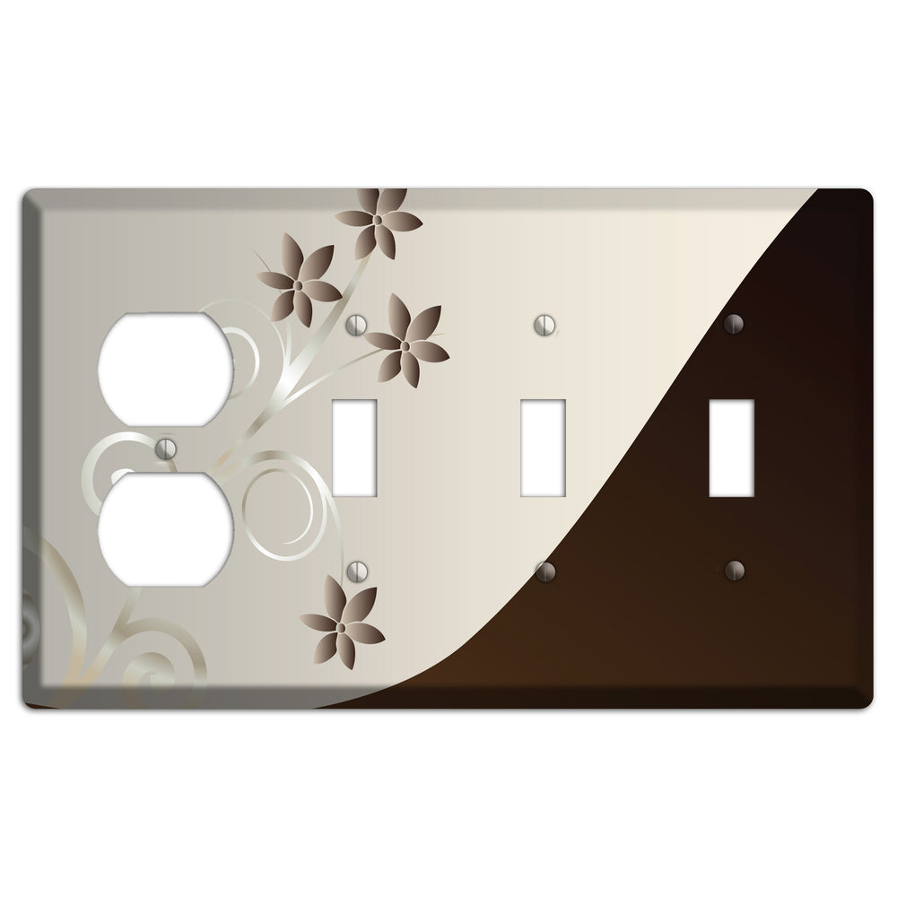 Grey Floral Swirl Sprig Duplex / 3 Toggle Wallplate