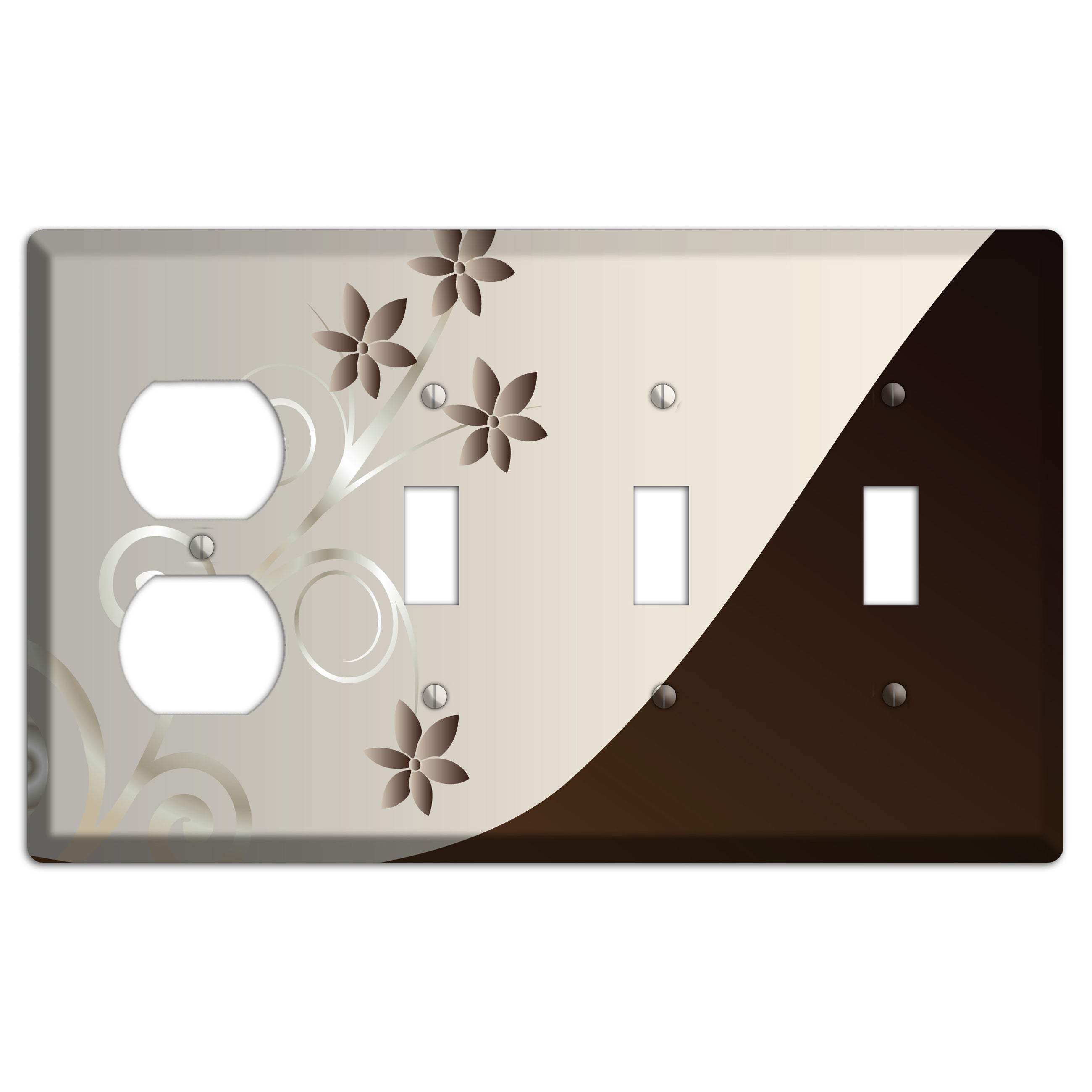 Grey Floral Swirl Sprig Duplex / 3 Toggle Wallplate