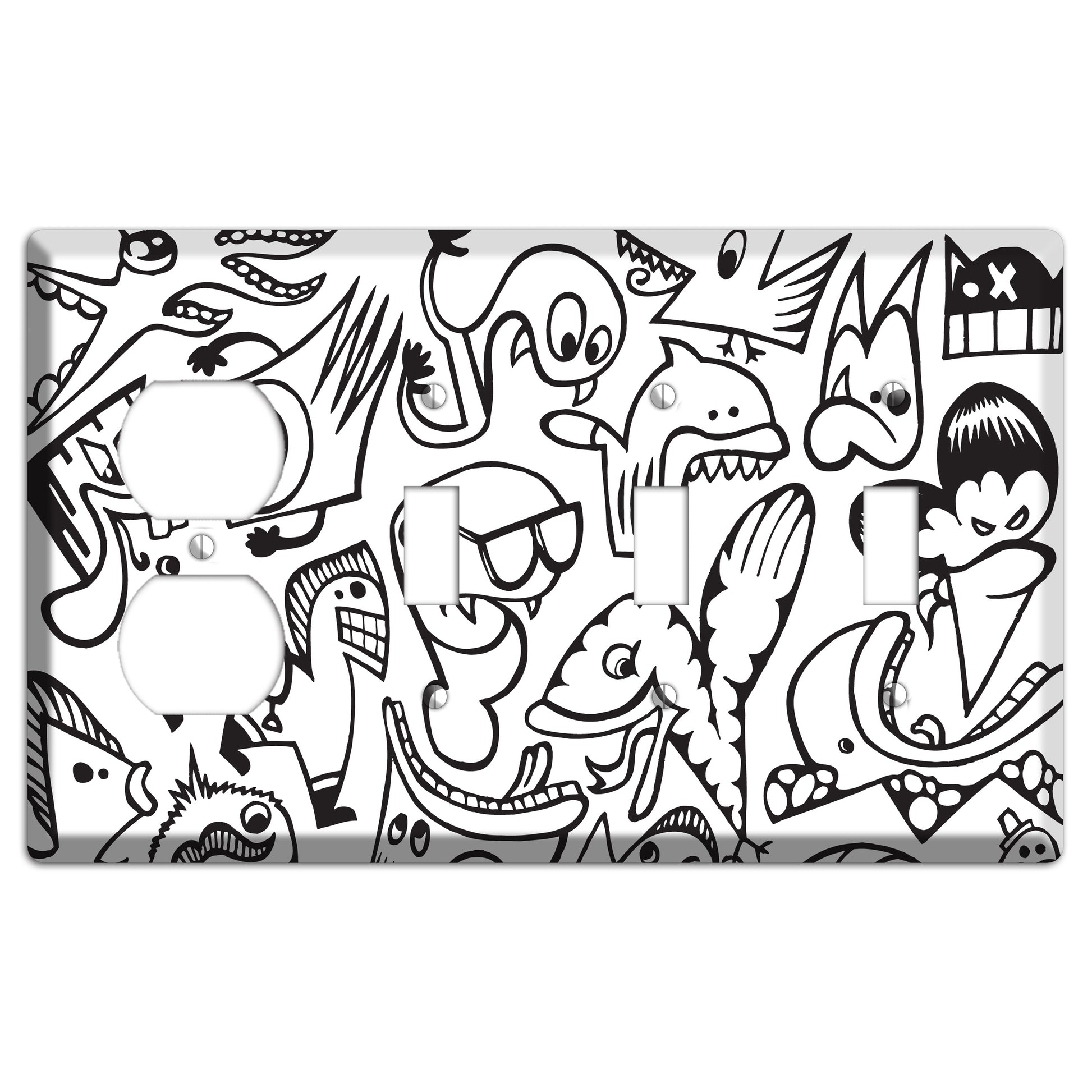Black and White Whimsical Faces 1 Duplex / 3 Toggle Wallplate