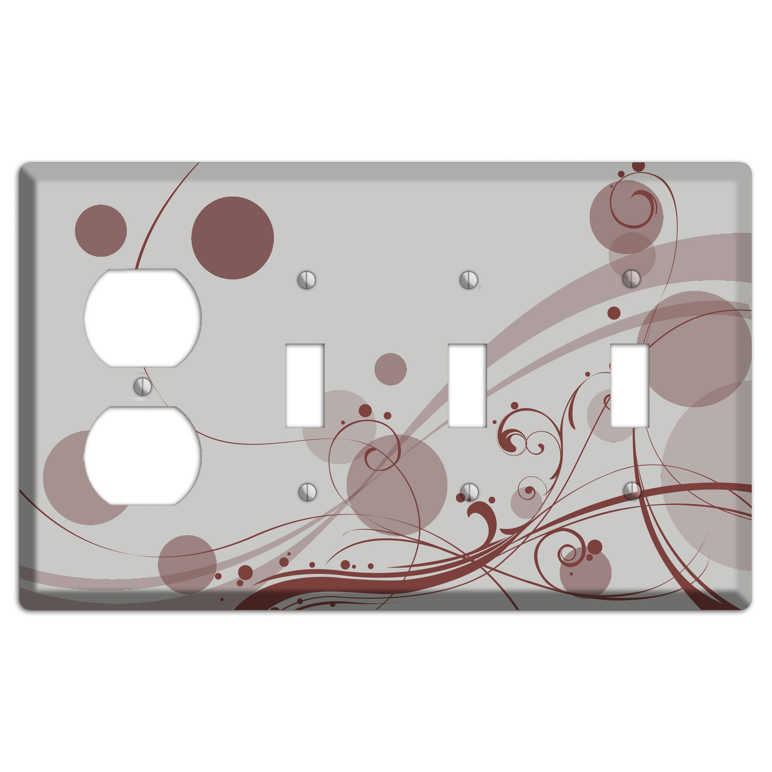 Grey with Maroon Dots and Swirls Duplex / 3 Toggle Wallplate
