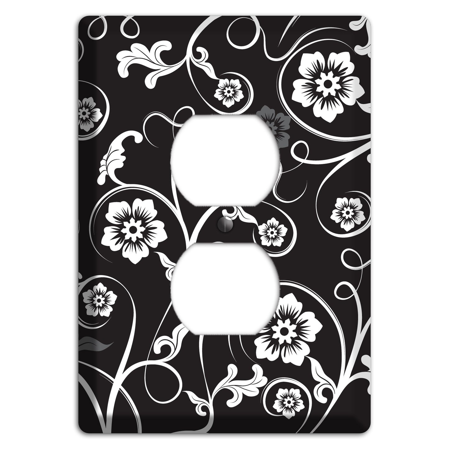 Black with White Flower Sprig Duplex Outlet Wallplate