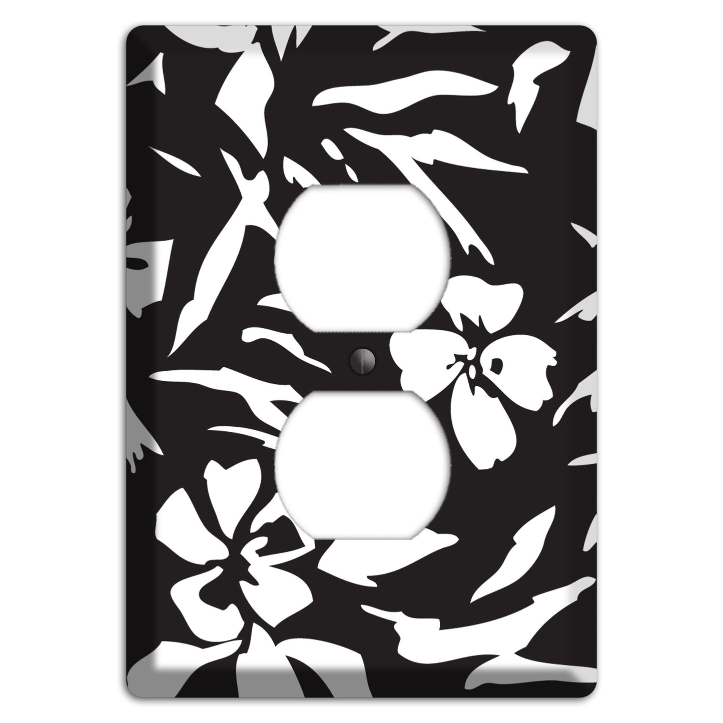 Black with White Woodcut Floral Duplex Outlet Wallplate