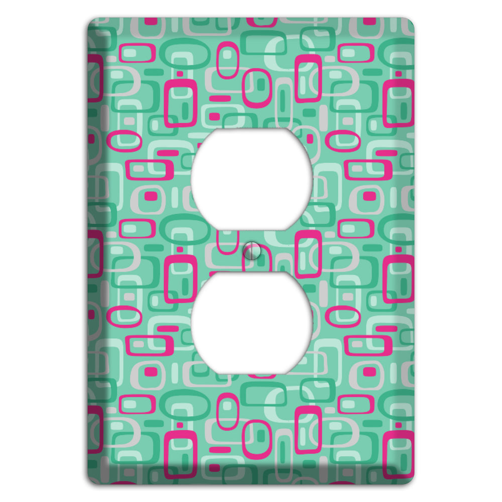 Aqua with Fuschia and Multi Green Retro Squares Duplex Outlet Wallplate