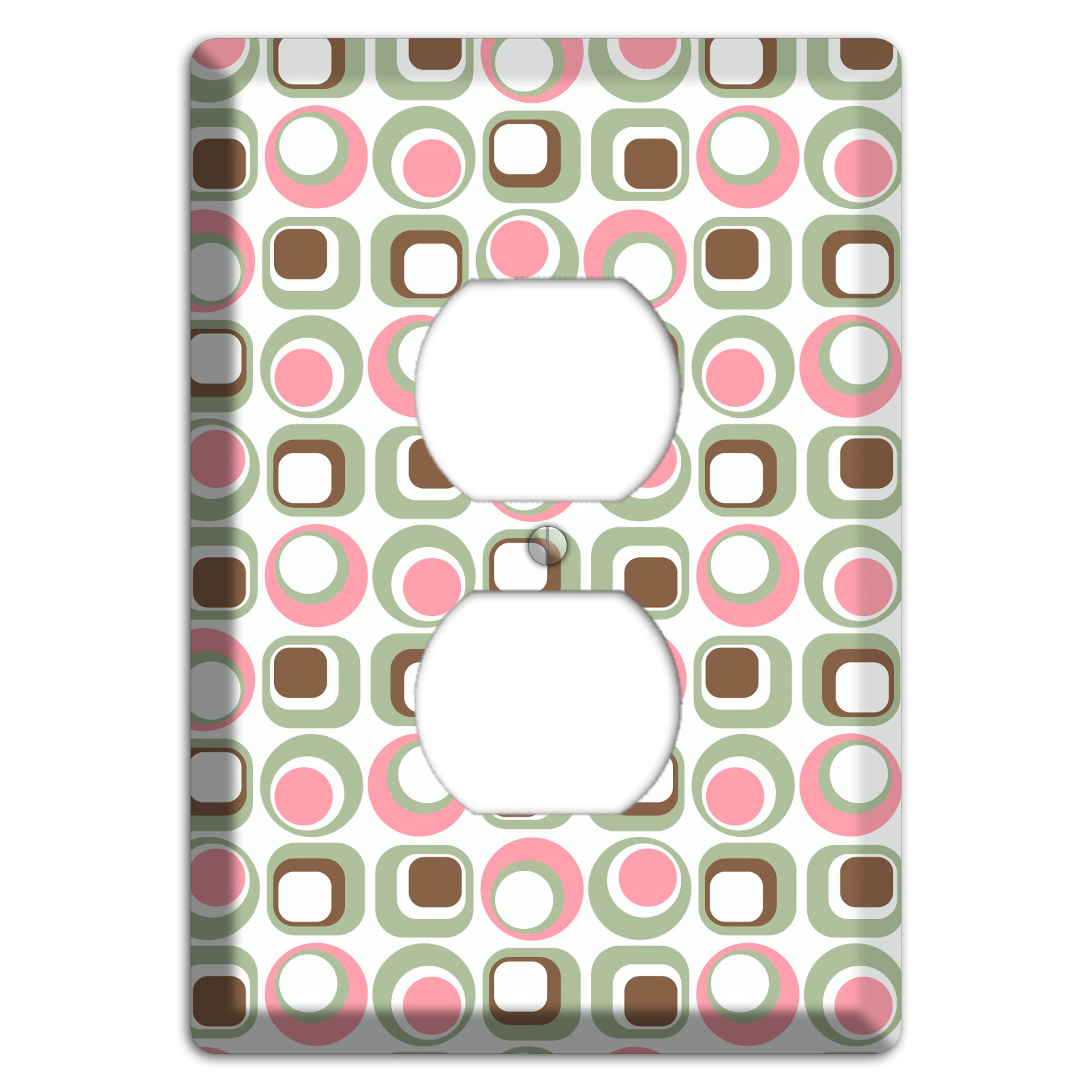 White with Pink Sage Brown Retro Squares and Circles Duplex Outlet Wallplate