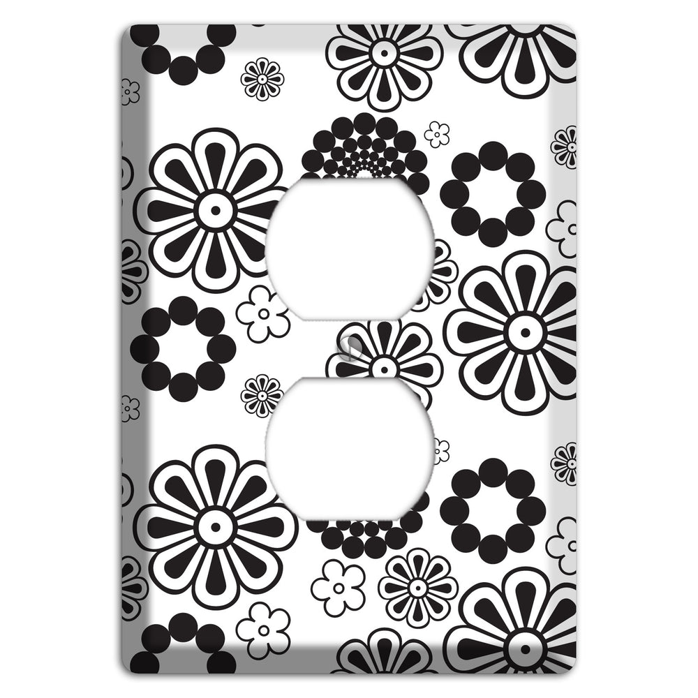 White With Black Retro Floral Contour Duplex Outlet Wallplate