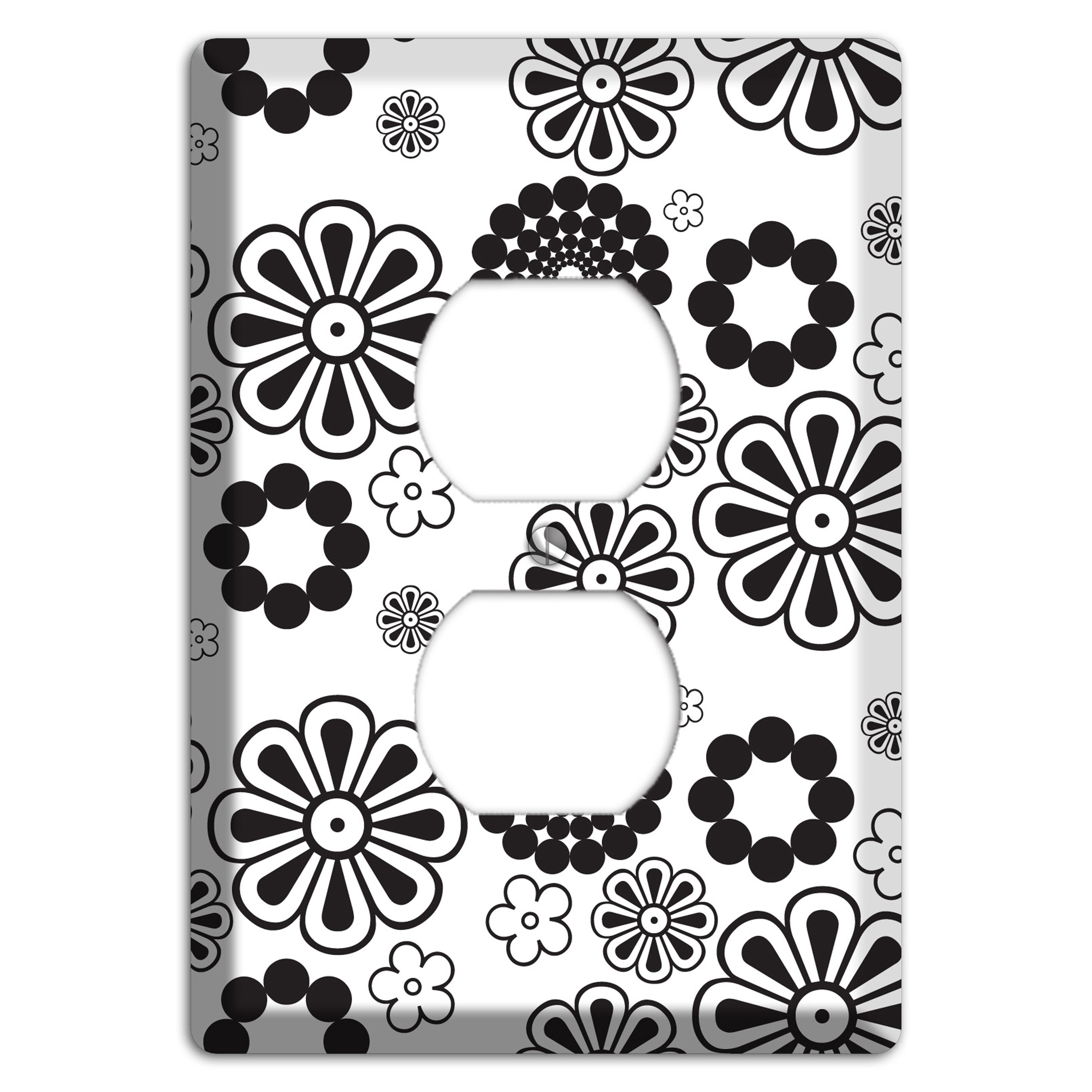 White With Black Retro Floral Contour Duplex Outlet Wallplate