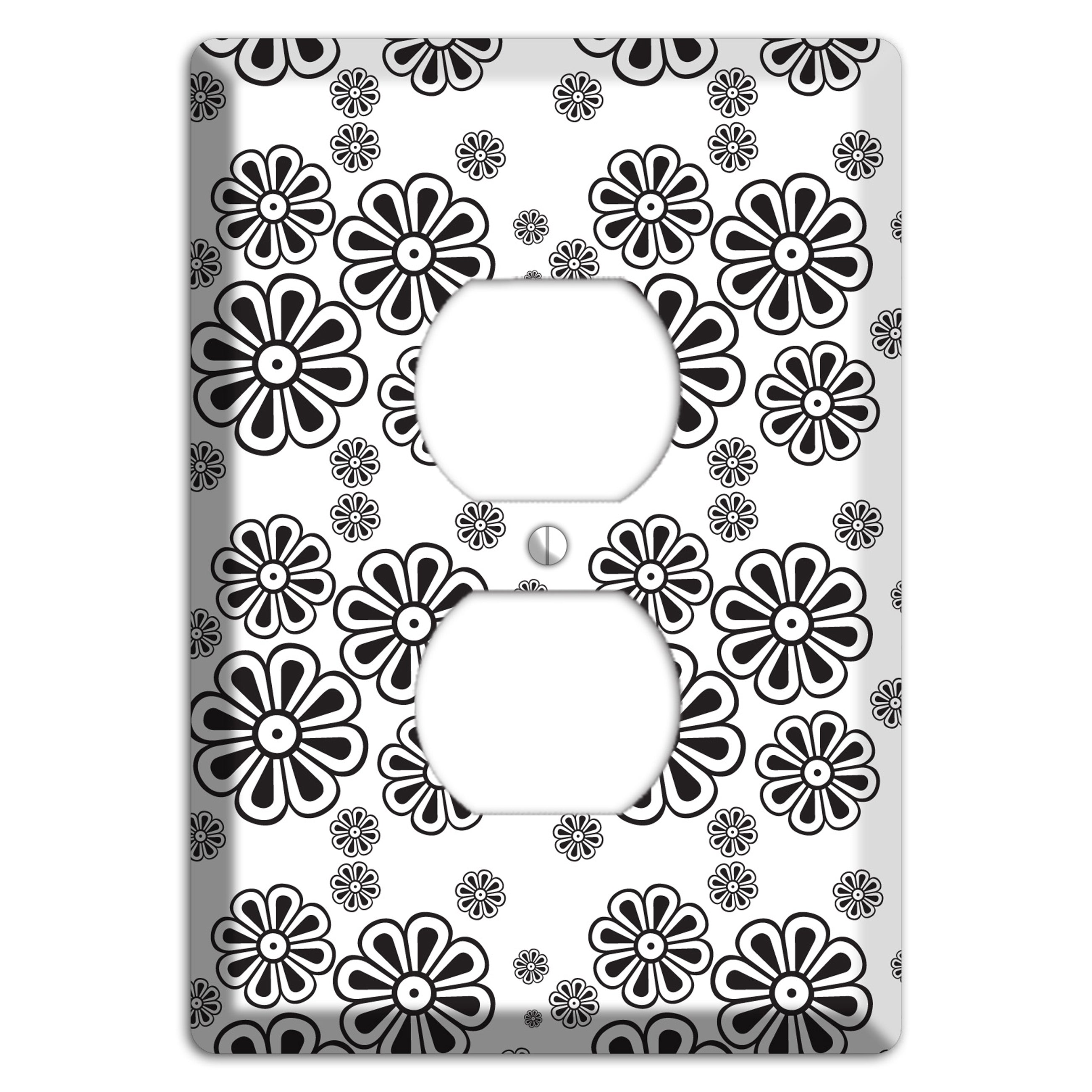 White With Black Small Retro Floral Contour Duplex Outlet Wallplate