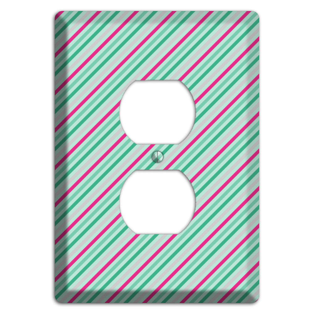 Grey Fuschia and Multi Aqua Angled Stripes Duplex Outlet Wallplate