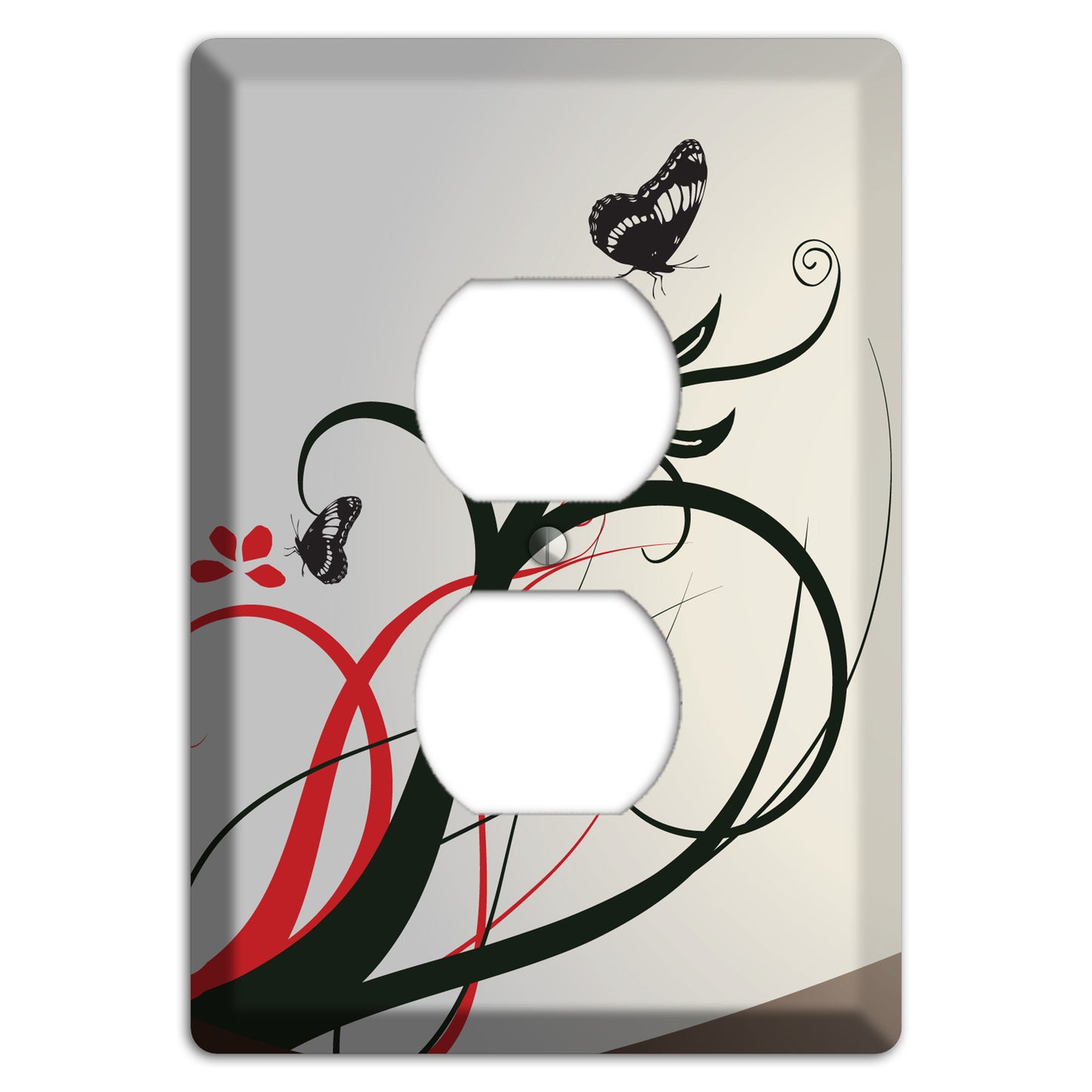 Grey and Red Floral Sprig with Butterfly Duplex Outlet Wallplate