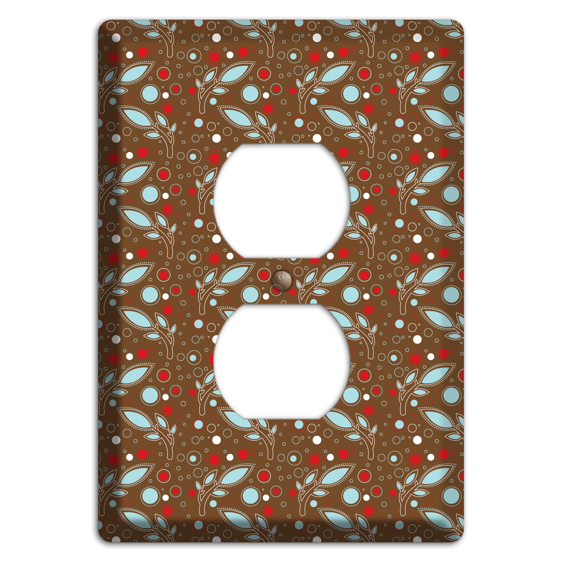Brown with Red and Dusty Blue Retro Sprig Duplex Outlet Wallplate