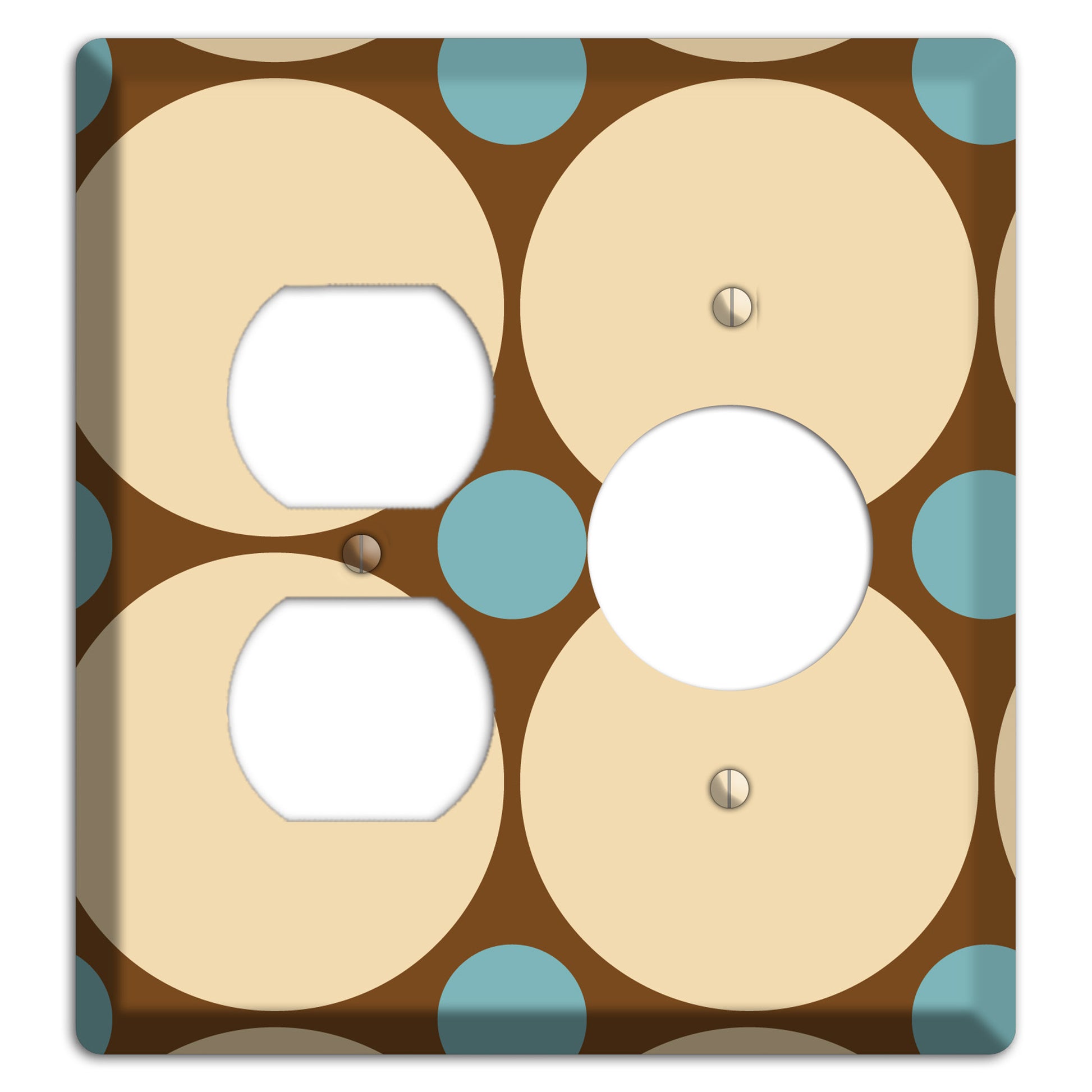 Brown with Beige and Dusty Blue Multi Tiled Large Dots Duplex / Receptacle Wallplate