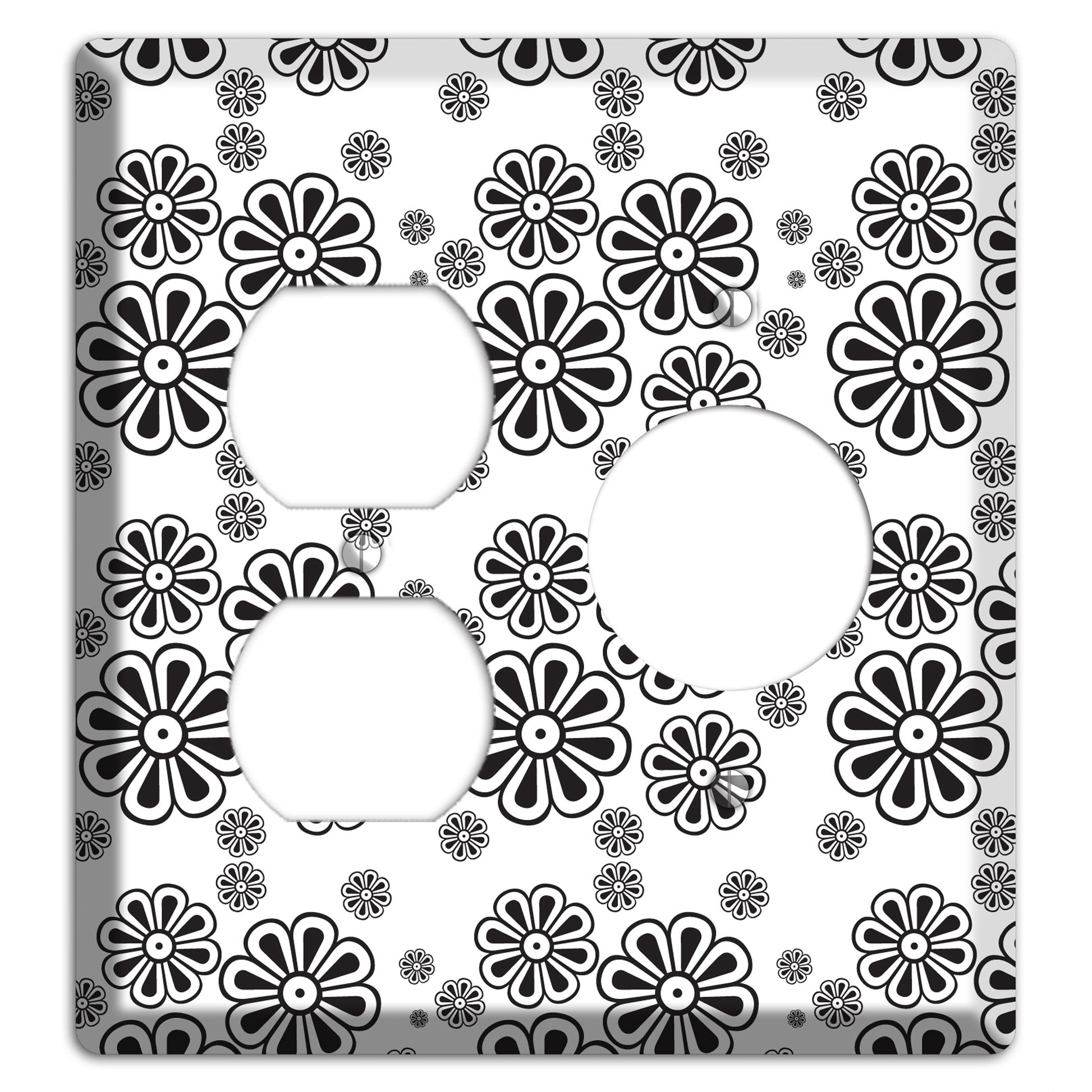 White With Black Small Retro Floral Contour Duplex / Receptacle Wallplate