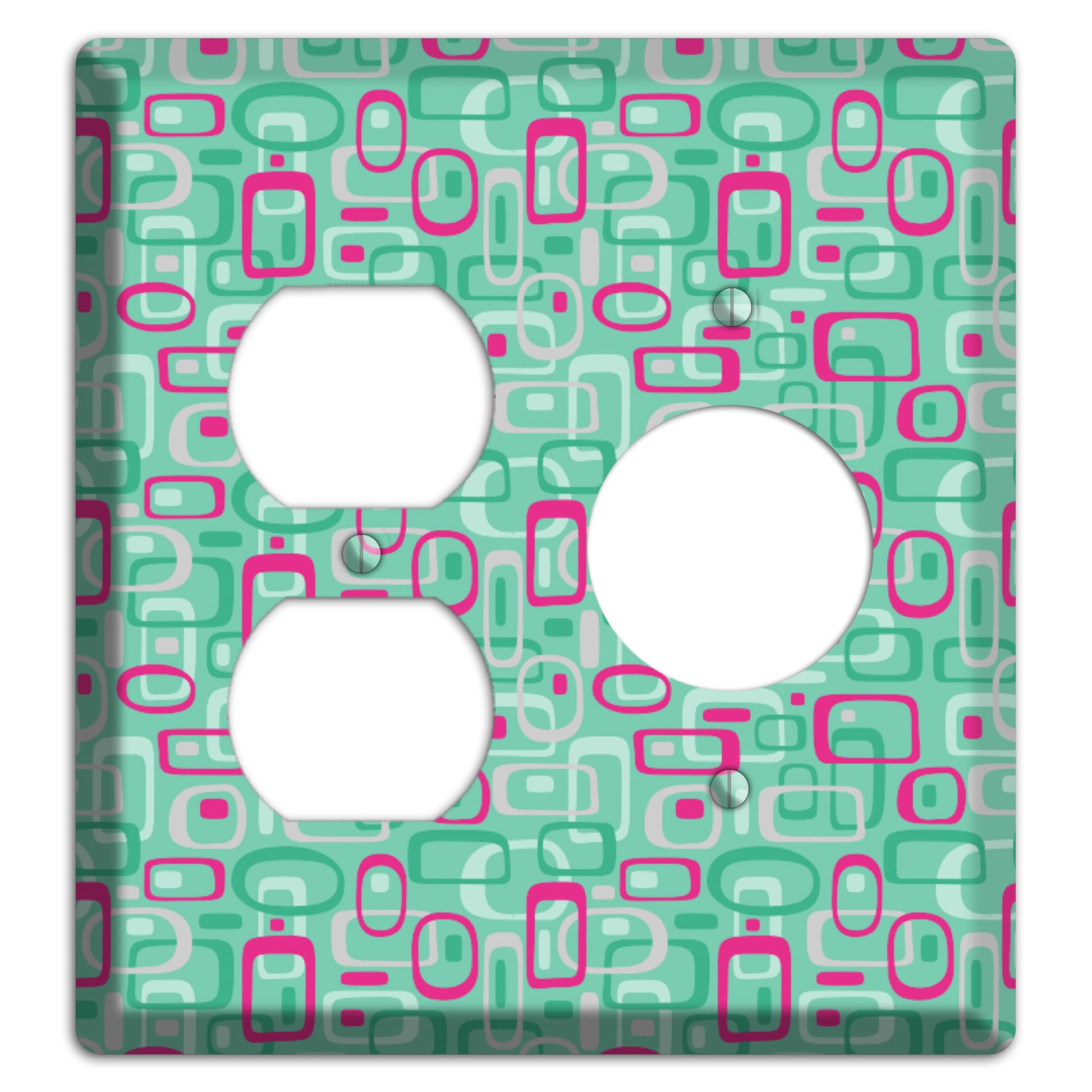 Aqua with Fuschia and Multi Green Retro Squares Duplex / Receptacle Wallplate