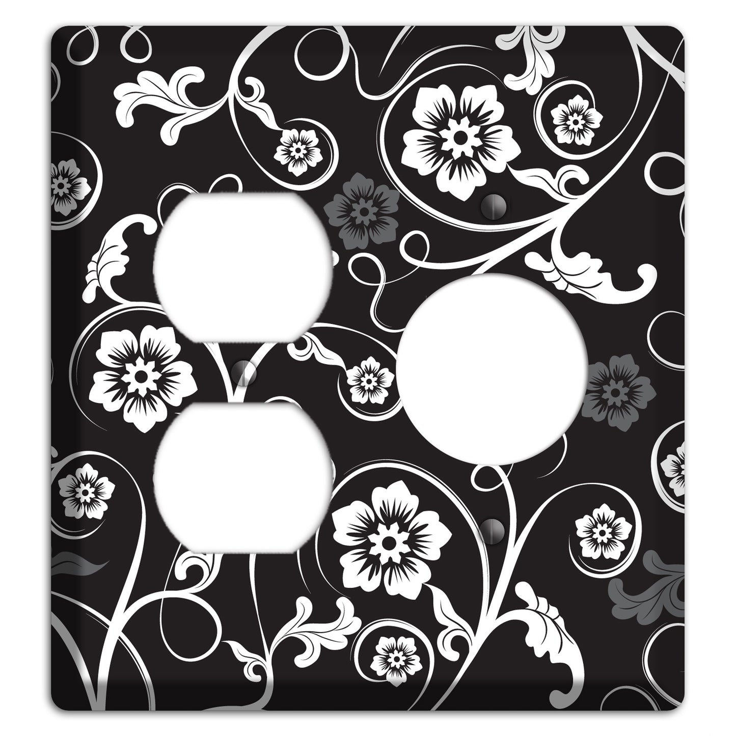 Black with White Flower Sprig Duplex / Receptacle Wallplate