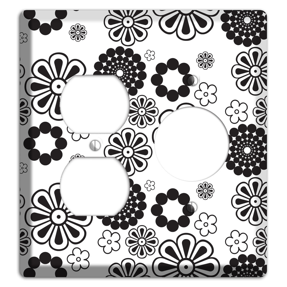 White With Black Retro Floral Contour Duplex / Receptacle Wallplate