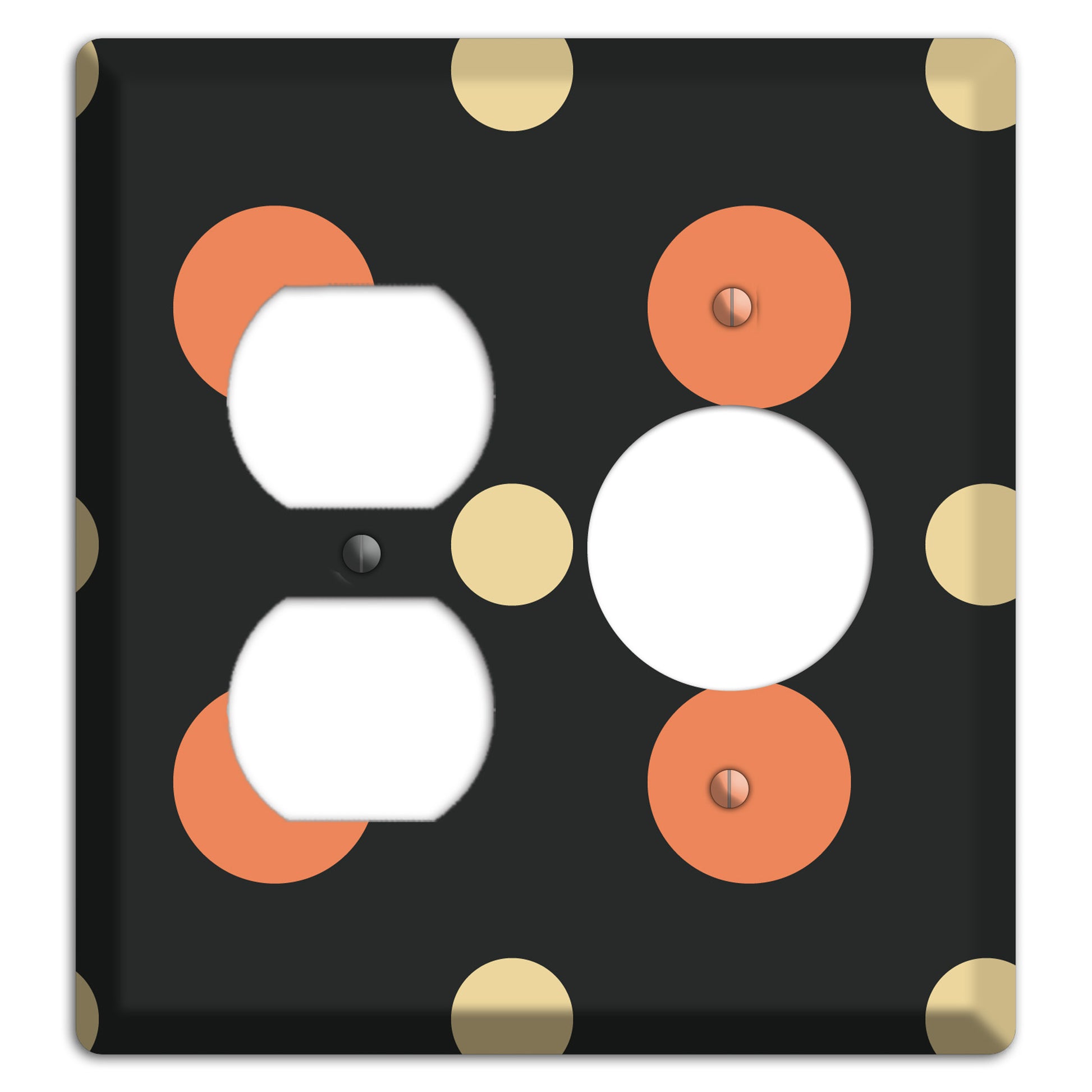 Black with Coral and Beige Multi Medium Polka Dots Duplex / Receptacle Wallplate