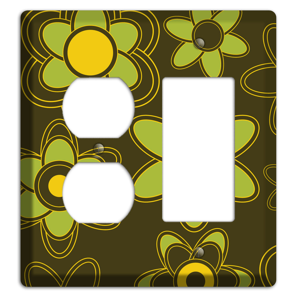 Brown with Lime Retro Floral Contour Duplex / Rocker Wallplate