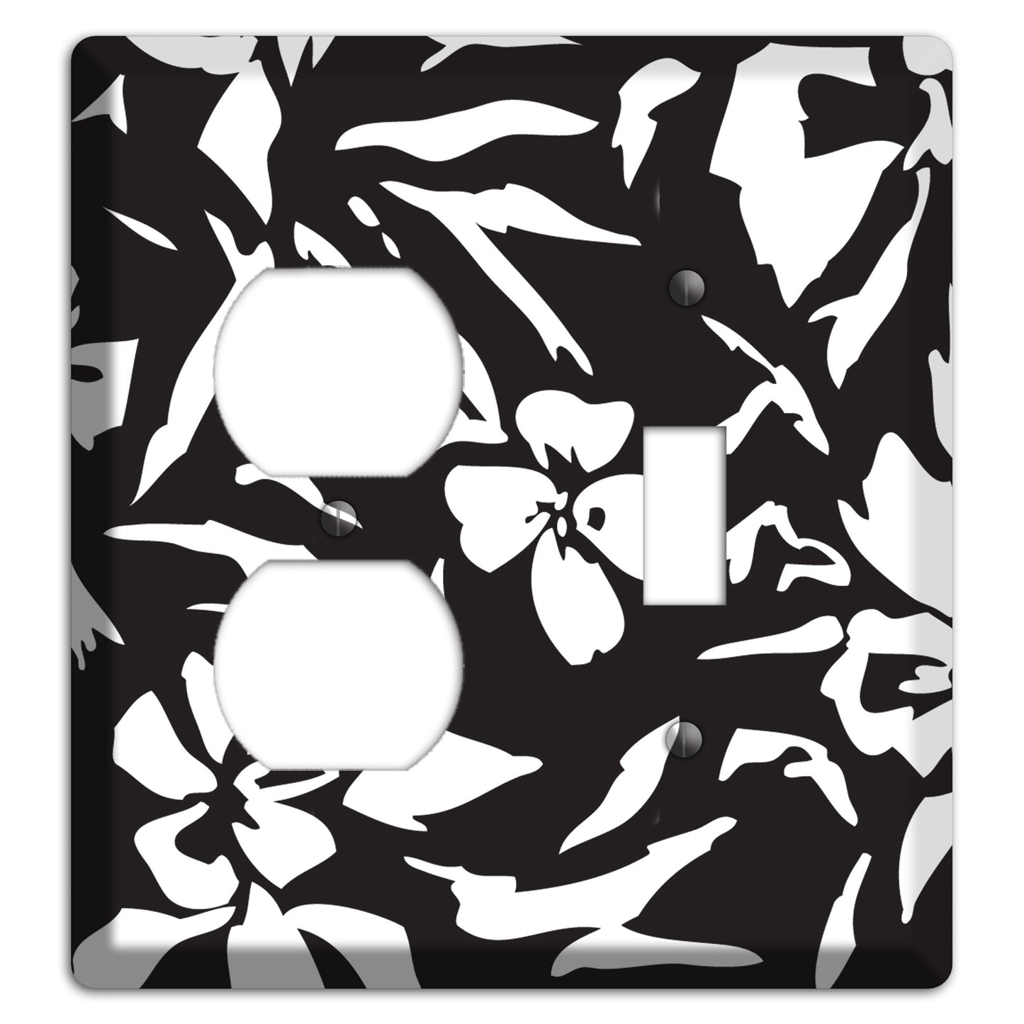Black with White Woodcut Floral Duplex / Toggle Wallplate