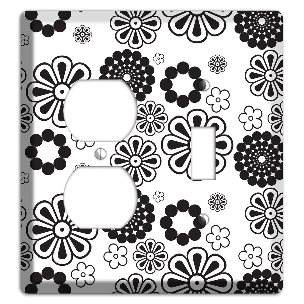 White With Black Retro Floral Contour Duplex / Toggle Wallplate