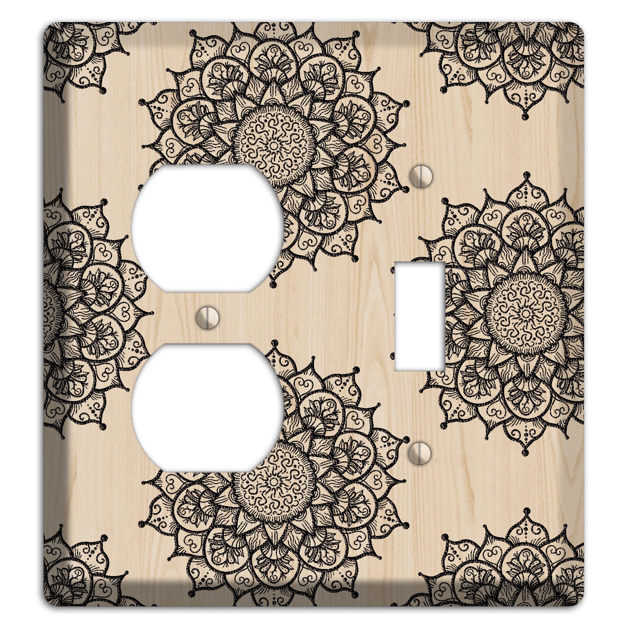 Mandala Black and White Style S Wood Lasered Duplex / Toggle Wallplate