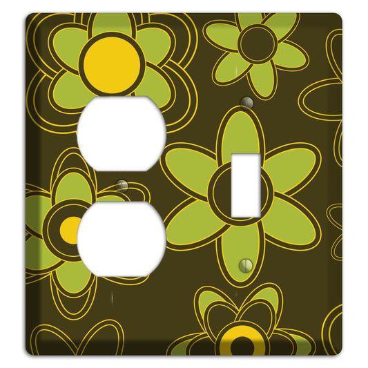 Brown with Lime Retro Floral Contour Duplex / Toggle Wallplate