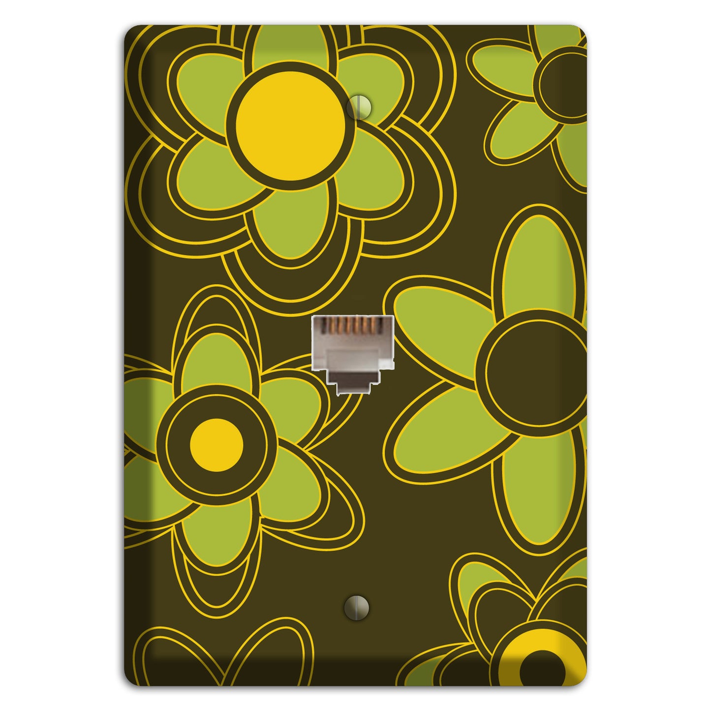 Brown with Lime Retro Floral Contour Phone Wallplate