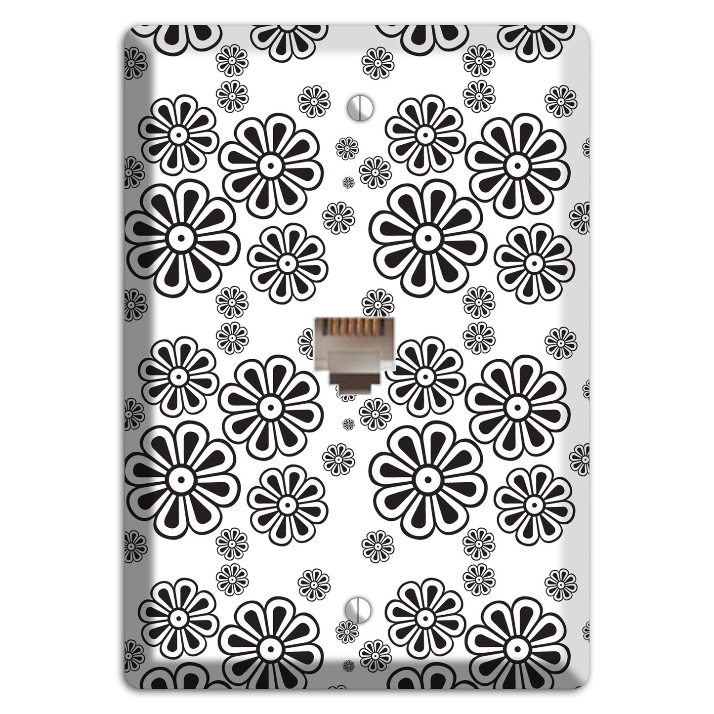White With Black Small Retro Floral Contour Phone Wallplate
