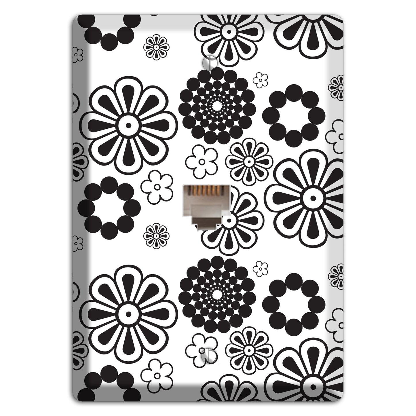 White With Black Retro Floral Contour Phone Wallplate