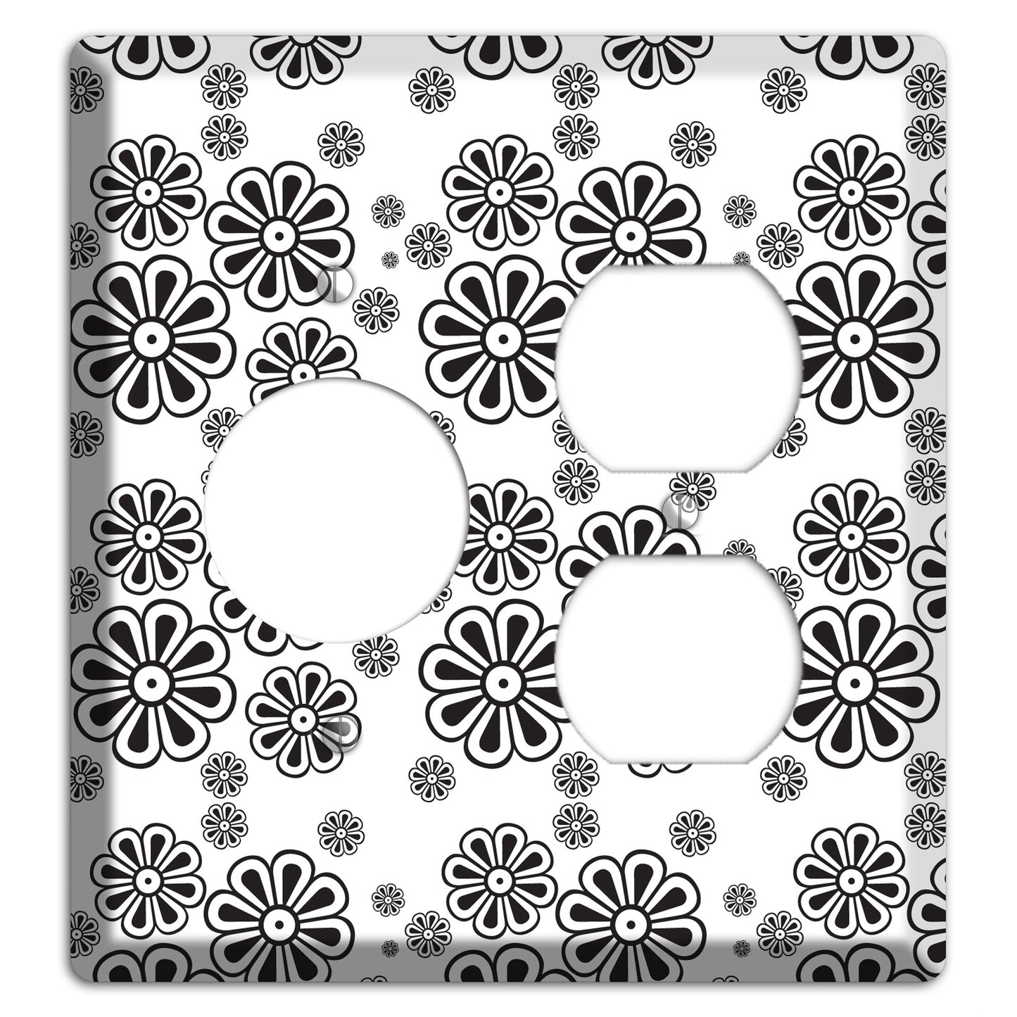 White With Black Small Retro Floral Contour Receptacle / Duplex Wallplate