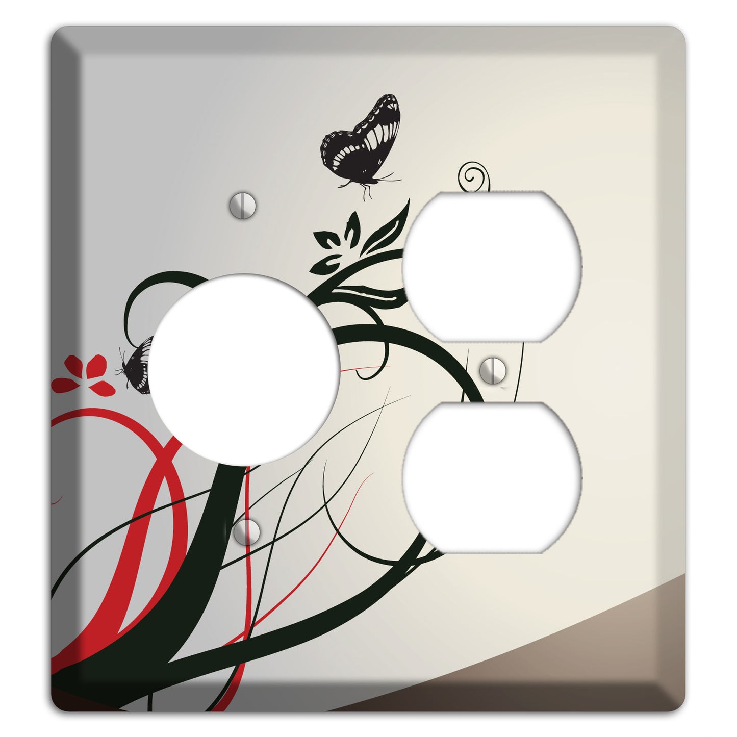 Grey and Red Floral Sprig with Butterfly Receptacle / Duplex Wallplate
