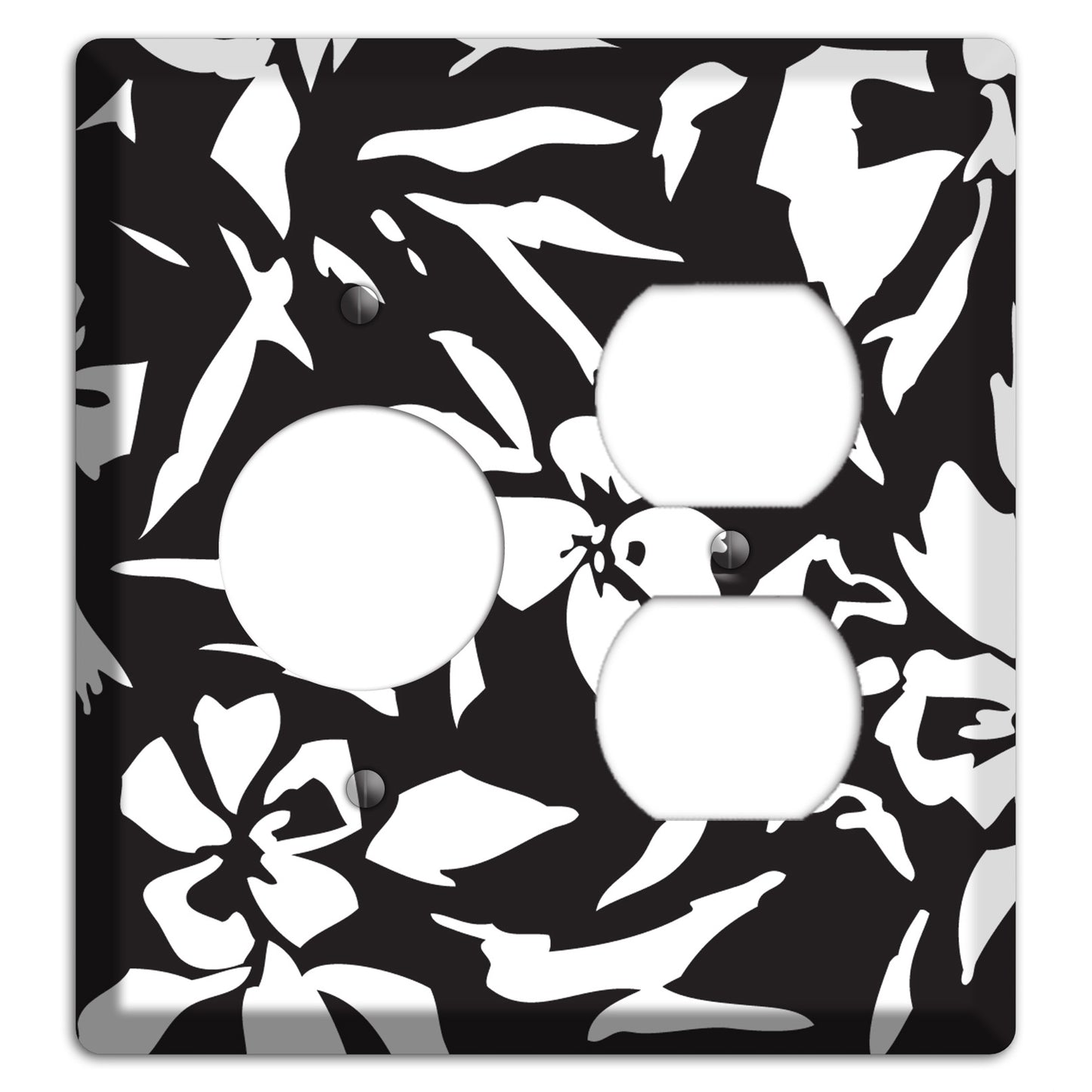 Black with White Woodcut Floral Receptacle / Duplex Wallplate
