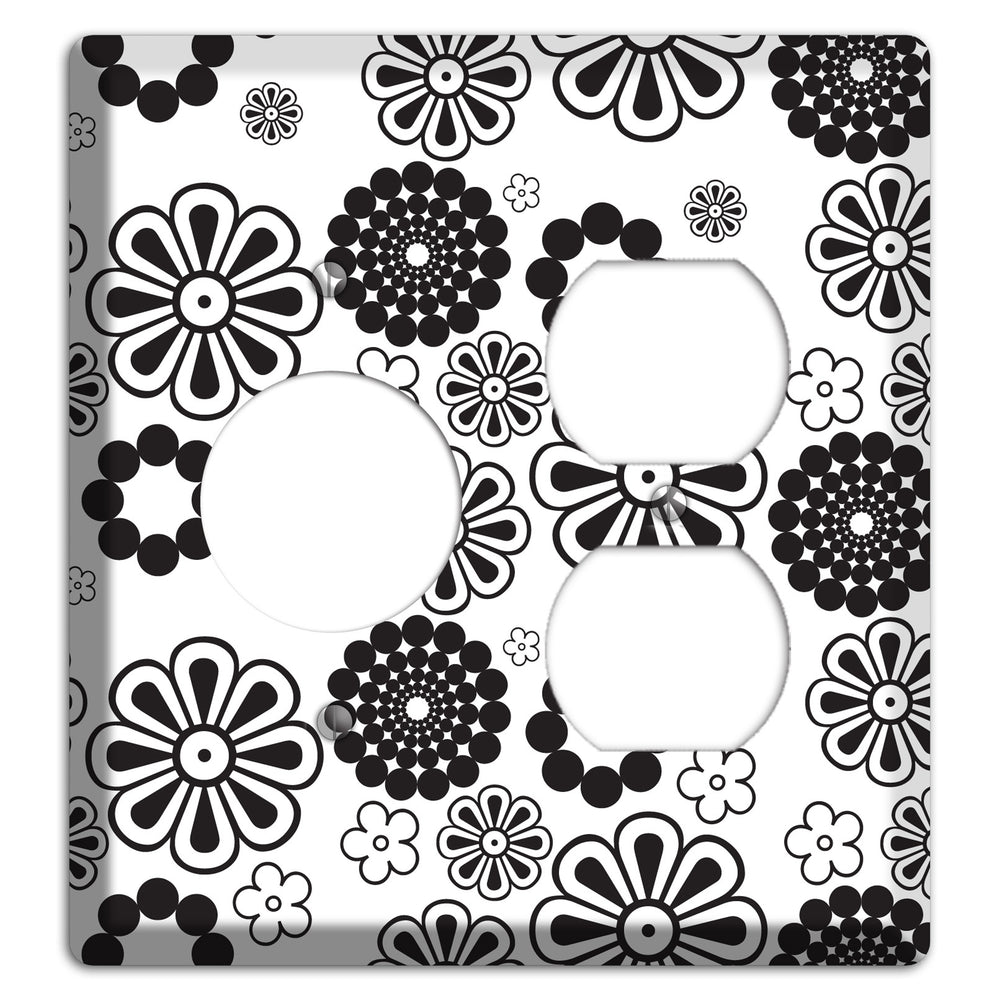 White With Black Retro Floral Contour Receptacle / Duplex Wallplate