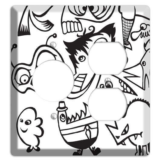 Black and White Whimsical Faces 3 Receptacle / Duplex Wallplate