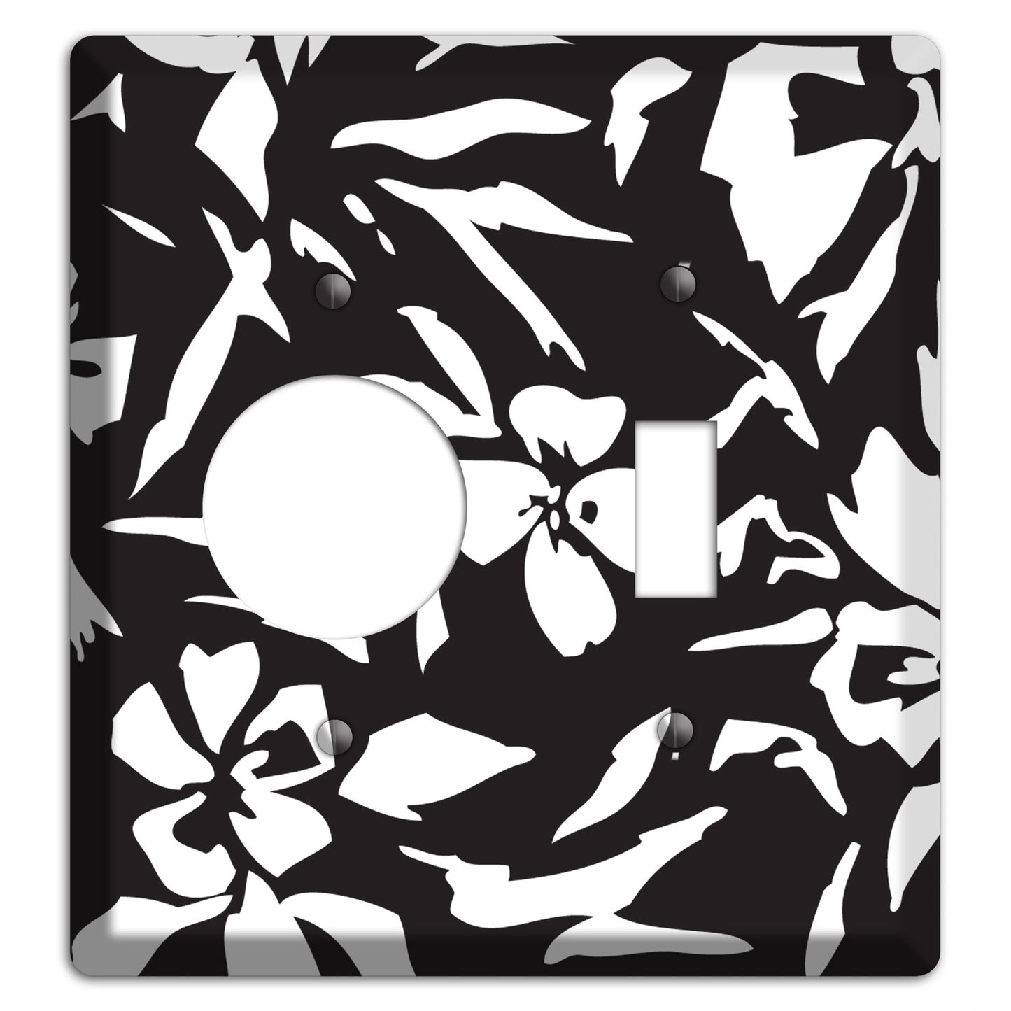 Black with White Woodcut Floral Receptacle / Toggle Wallplate