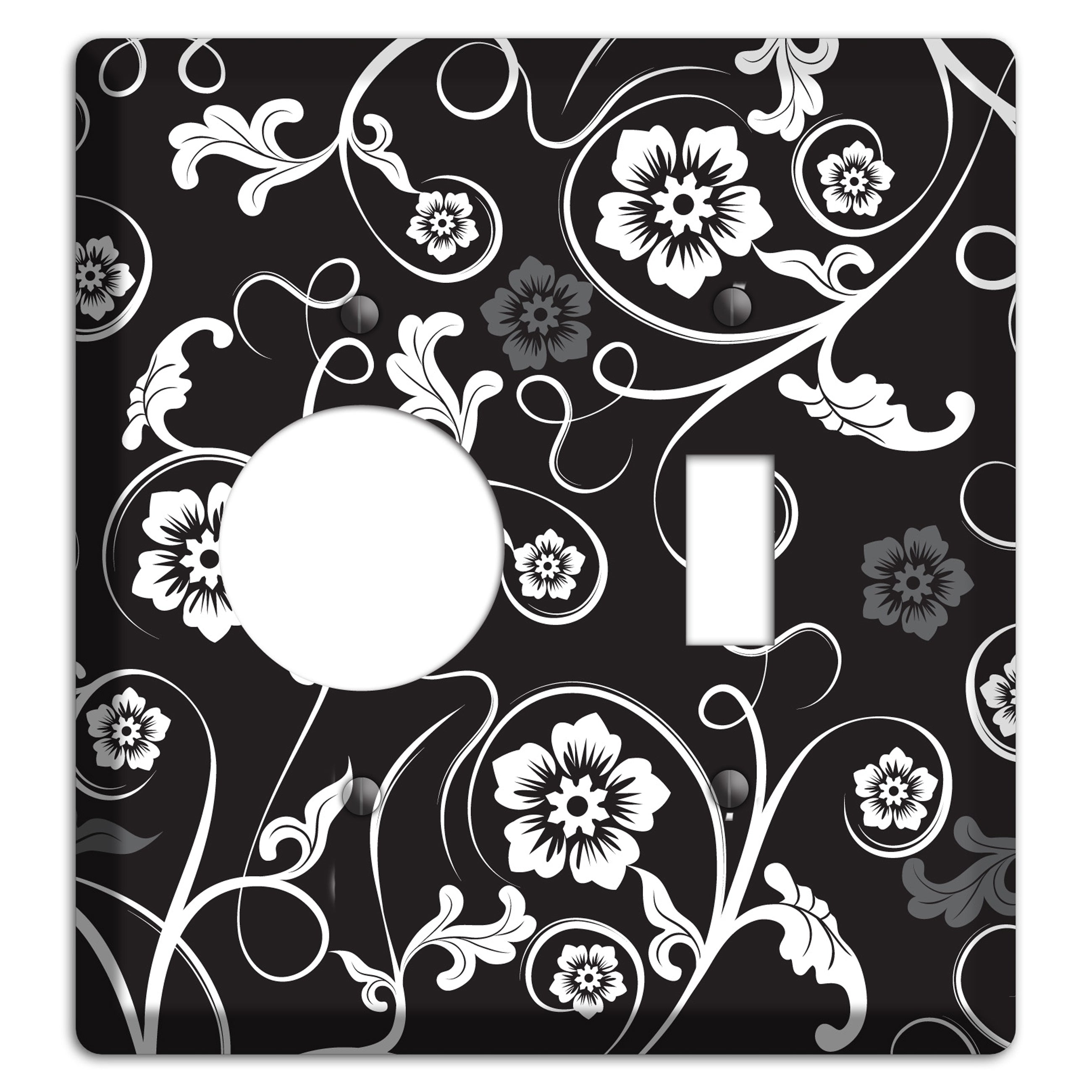 Black with White Flower Sprig Receptacle / Toggle Wallplate